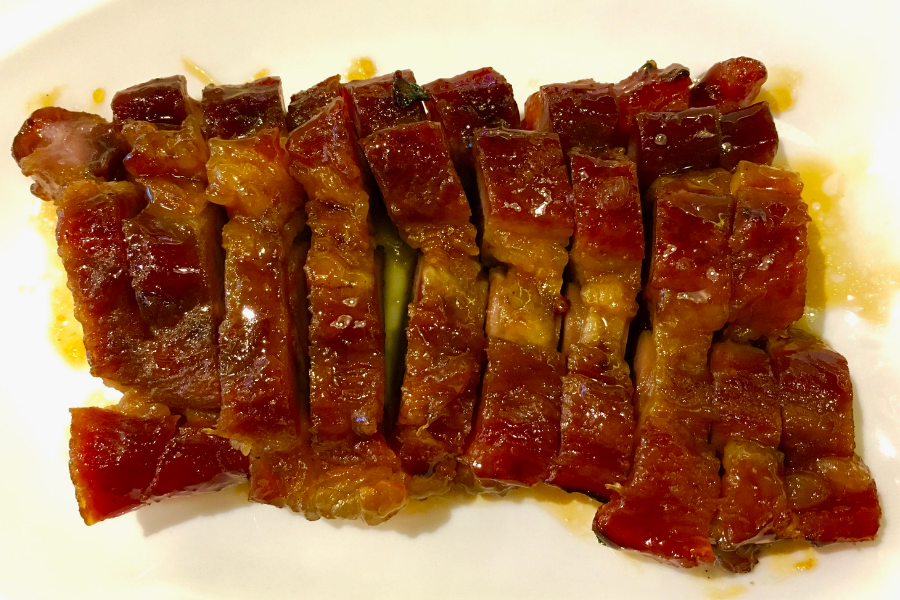 A rack of barbecued pork ribs.