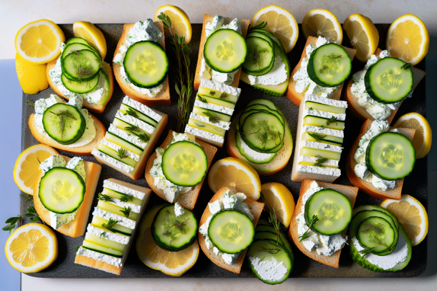 Serving platter with cucumber cream cheese sandwiches.