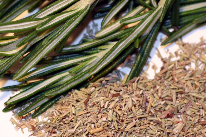Detail of fresh rosemary and dried rosemary.