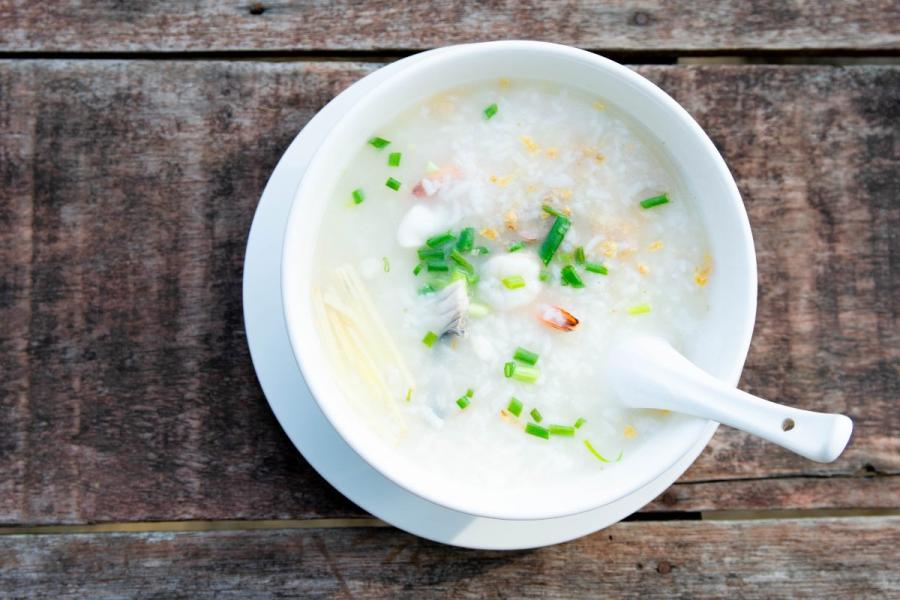 A bowl of congee, a type of Chinese rice porridge.