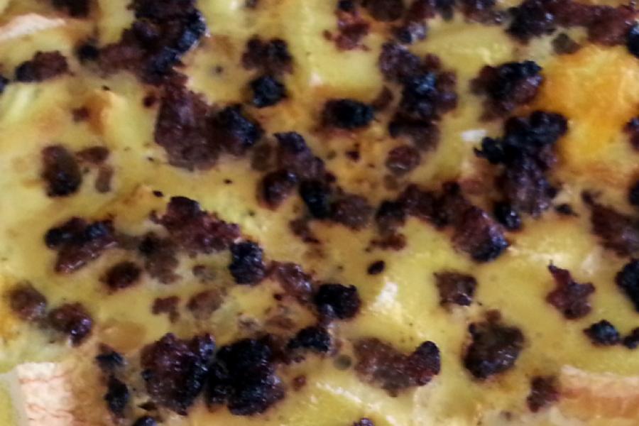 Close up of an egg and sausage casserole.