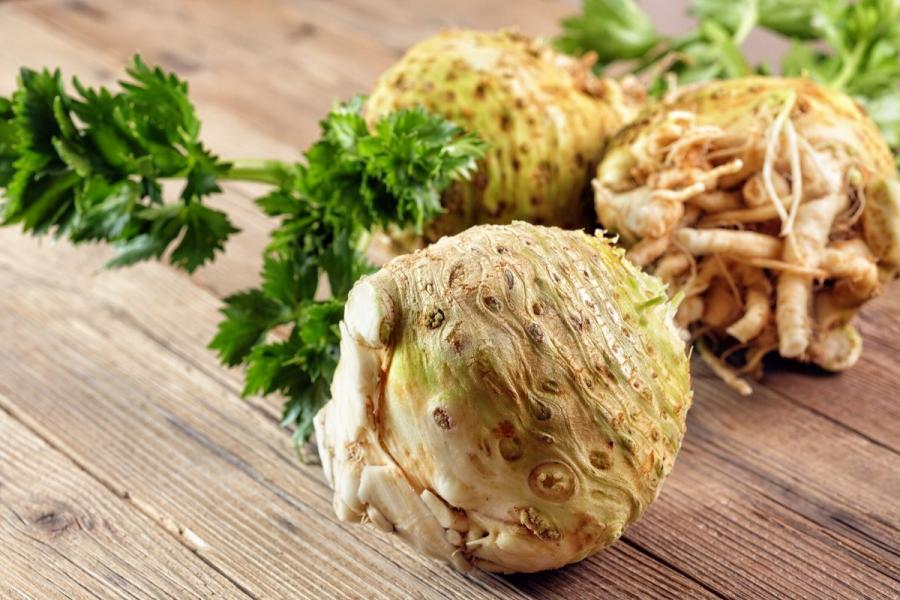 Raw celery root, also known as celeriac.