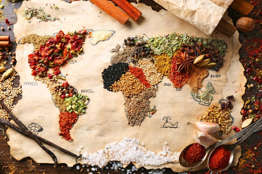 Different spices set up as a world map.