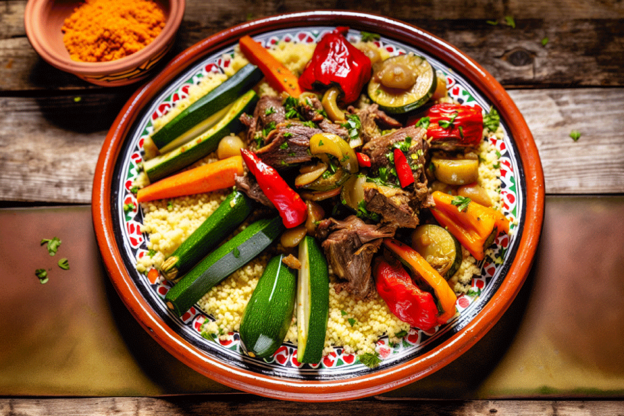A traditional tajine dish with vegetables and meat over cousocus.